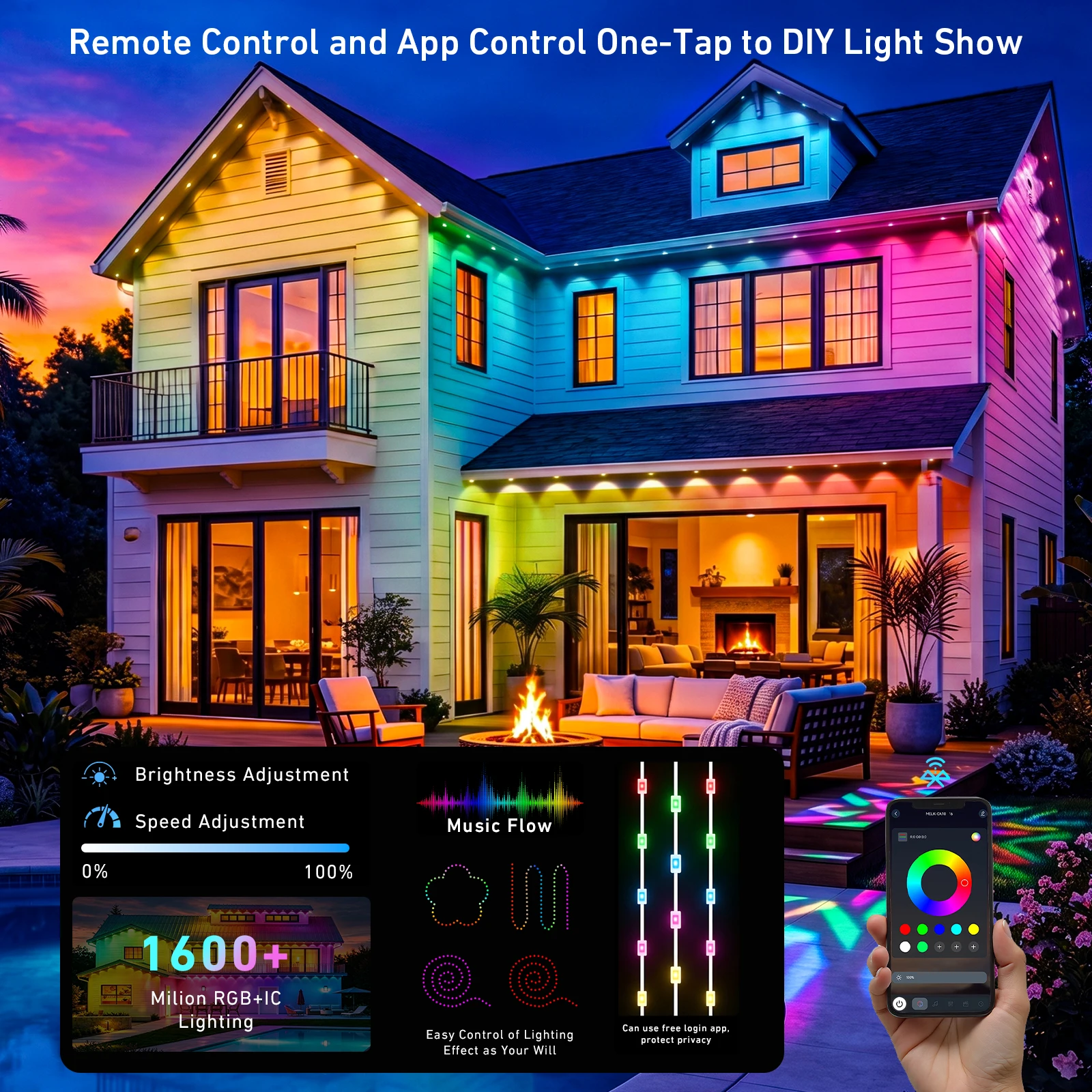 150FT Permanent Outdoor Lights Rgbic, Outdoor Christmas Lights, Smart RGBIC App Control with 60 LEDs, LED Eaves Lights IP67 Waterproof, House Roof Outdoor Lighting for Party, Daily, Halloween, Garden