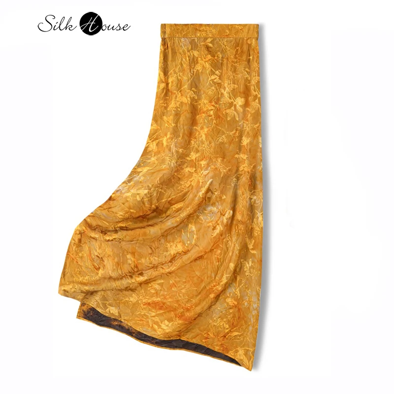 

Plant Grass Dyed 100% Natural Mulberry Silk Fragrant Cloud Yarn Gold Jacquard Retro Chinese Style Women's Straight Tube Skirt