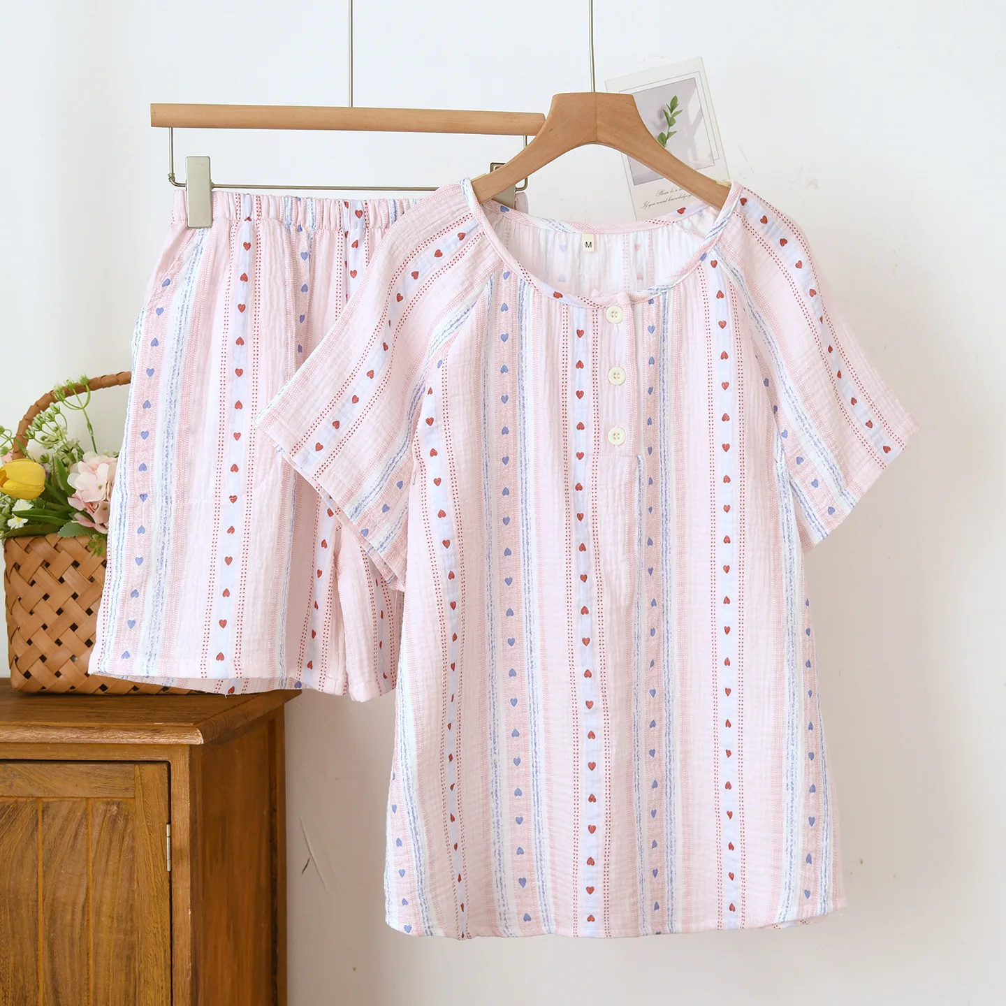 

Summer Cotton Shorts Pajamas Set Women's Small Heart Printed Pullover Tops with Shorts Breathable and Comfortable Pajama Suit