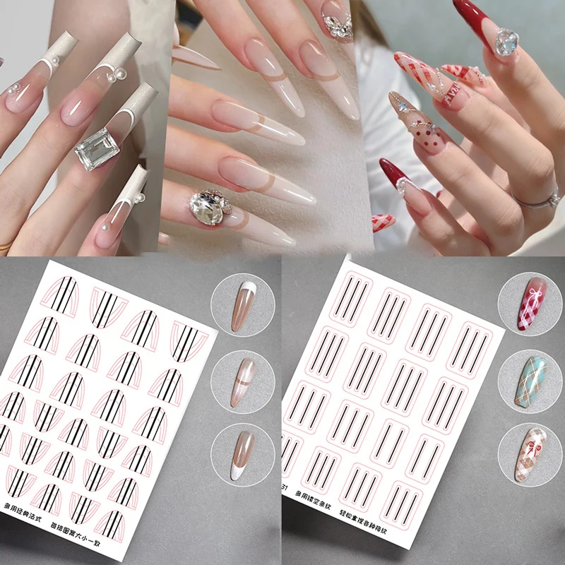 1 แผ่นโปร่งใสเล็บฝรั่งเศสท่องเที่ยวสติกเกอร์กาวเล็บ Art Decals เล็บฝรั่งเศส DIY Stencil 3D เครื่องมือจัดแต่งทรงผม