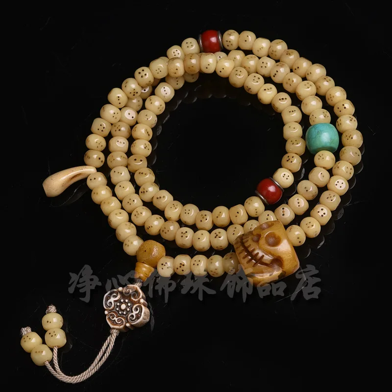 Natural Yellow Chicken Grease Camel Bone Multi-Wrap Bracelet Carved Dice Hanging Neck Tibetan 108 Pieces Buddha Beads Rosary Orn