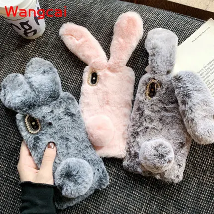 Cute 3D Rabbit Ears Fur Plush Case For iPhone 14 13 12 mini 11 Pro Max X XS Max XR 8 7 6 6S Plus 5 diamond Warm Case