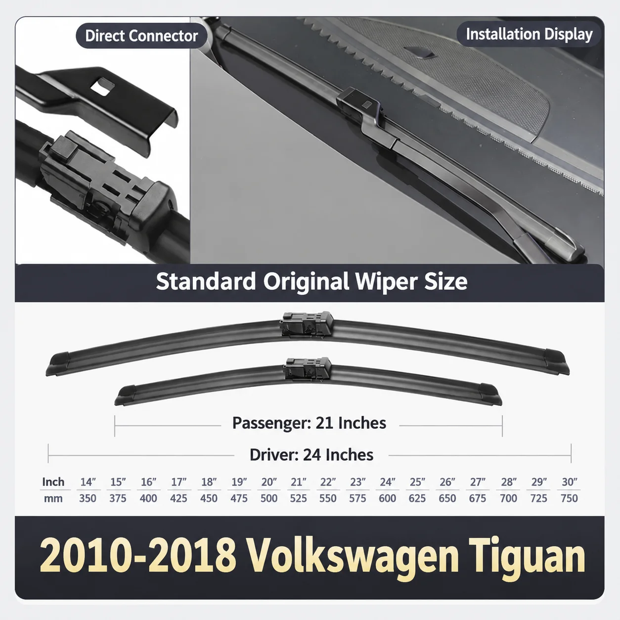 Front Wiper Blades For Volkswagen VW Tiguan 2010-2018  Windshield Windscreen B2 Pinch Tab Connector Car Accessories