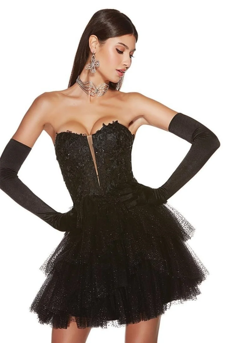 Annie Black Wedding Dress Glitter Sequined Gloves Tulle Prom Dresses Sexy Off-shoulder Princess Short Bespoke Occasion Dresses