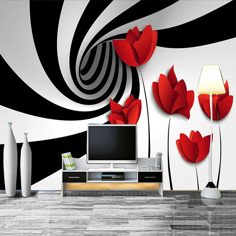 Custom Mural Wall Paper Black And White Striped Flowers Modern 3D Abstract Geometry Space Wall Painting Living Room Wallpaper