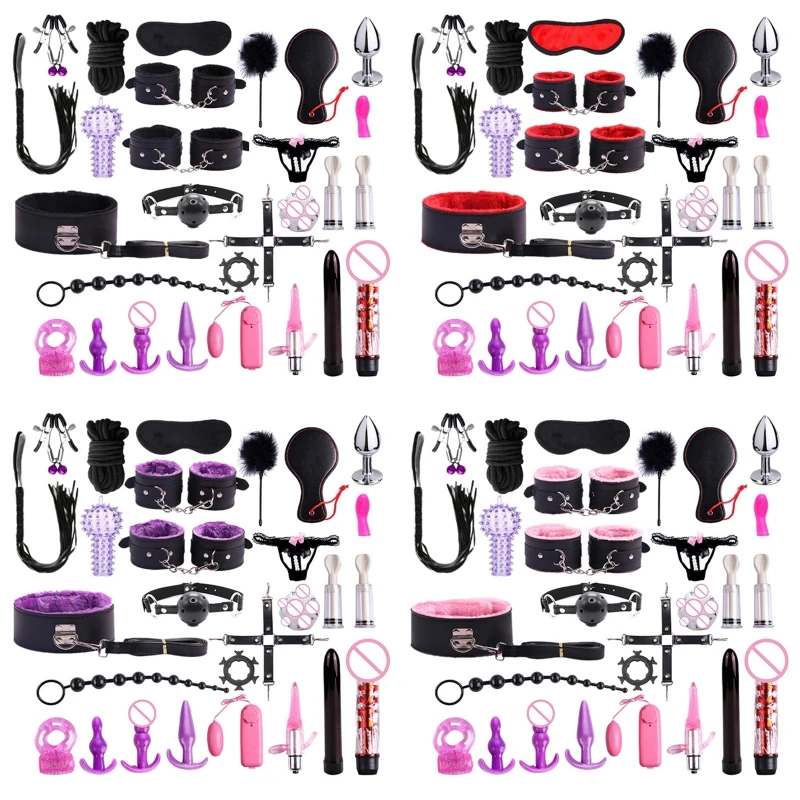 

20RF 26pcs BDSM Restraint Fetish Collar Handcuff Bondage Whip Vibrator Nipple Clips Butt Plug Mouth Gag Dildo Ring Adult Sex