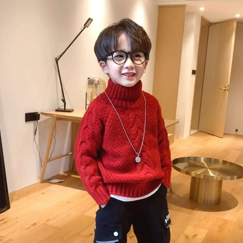 

Kids' Boys Retro Knit Turtleneck Sweater Autumn/Winter 2025 New Style Fleece-Lined Thickened Big Kids Sweater