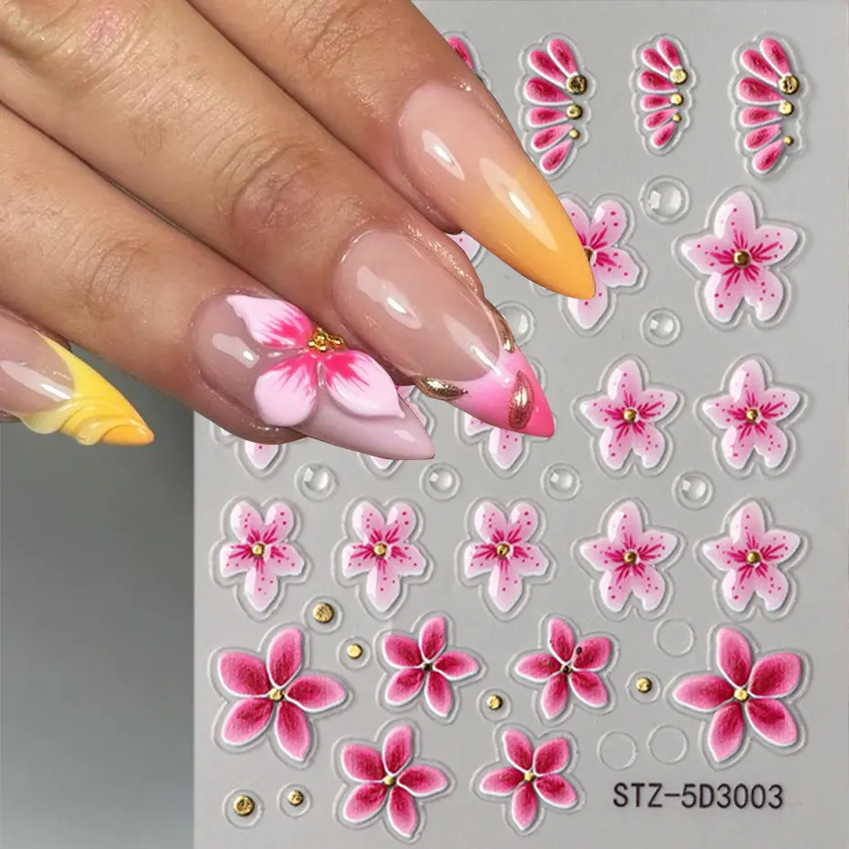5D 핑크 꽃 꽃 네일 스티커 봄 여름 귀여운 꽃잎 네일 슬라이더 브론 징 열대 꽃 네일 참 포일 아트 장식