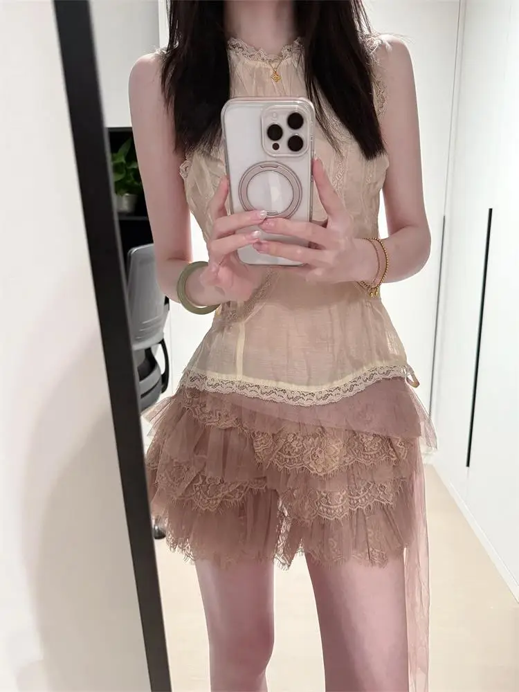 High Waist A-Line Skirt Women's Heavy Embroidery Lace Cake Skirt Spring Summer New Style Korean Version Casual Commute