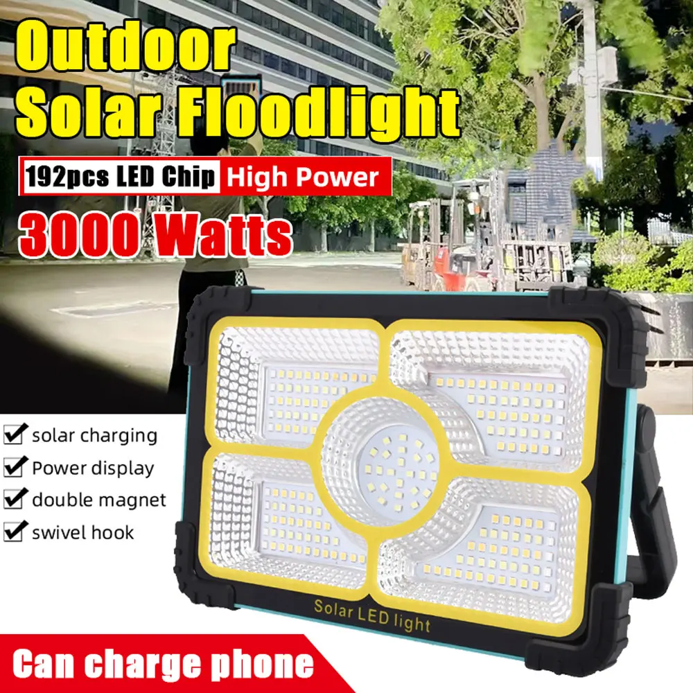 3000 Watts Portable LED Solar Work Light High Power Rechargeable LED Flood Light for Emergency Job Site Lighting Camping/Hiking