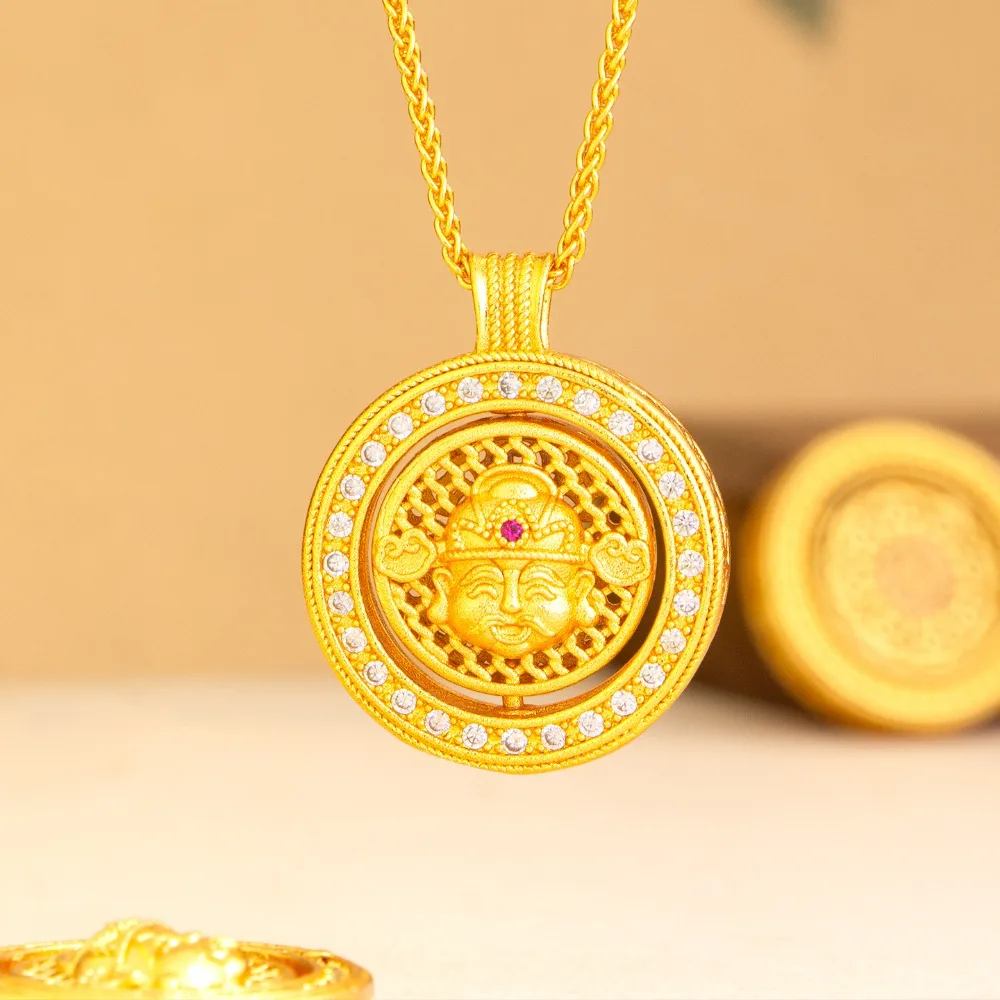 Ancient method point diamond compass necklace women retro Chinese style hollow pendant 9999gold