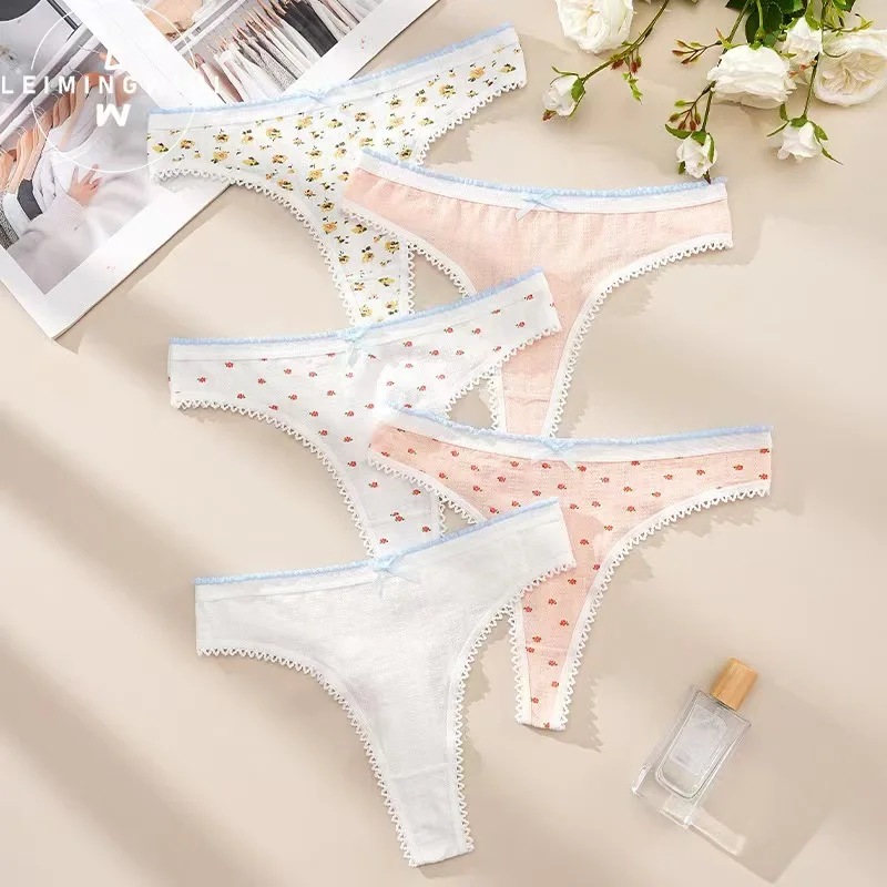 5PCS  sexy V-shaped thong jacquard swimming cloth briefs cotton breathable and comfortable underwear for women