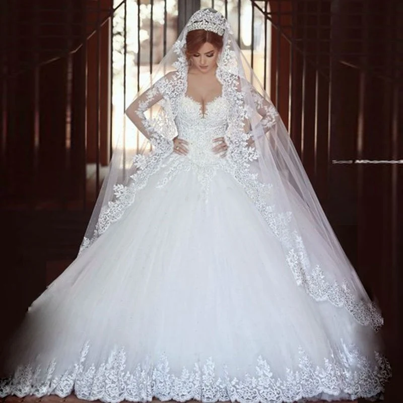 A-Line Luxury Princess Wedding Dresses 2023  Long Sleeve Lace Charming Bride Dress For Women