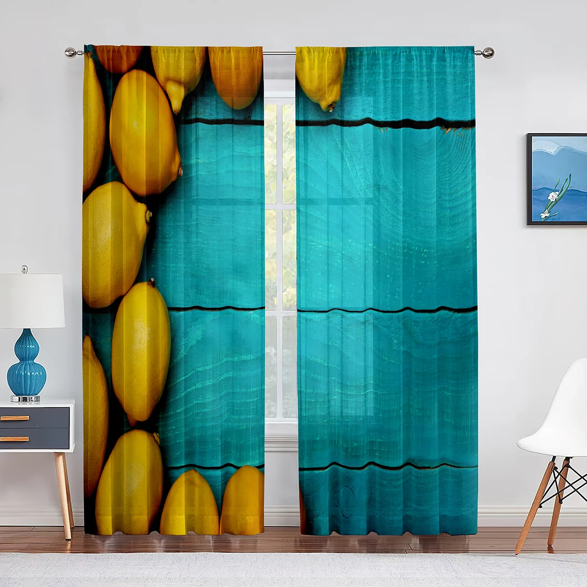 2panels Yellow Lemon Fruits Green Leaves Paint Curtains for Bedroom Living Room Decor Curtain for Kitchen Home Drapes Rod Pocket