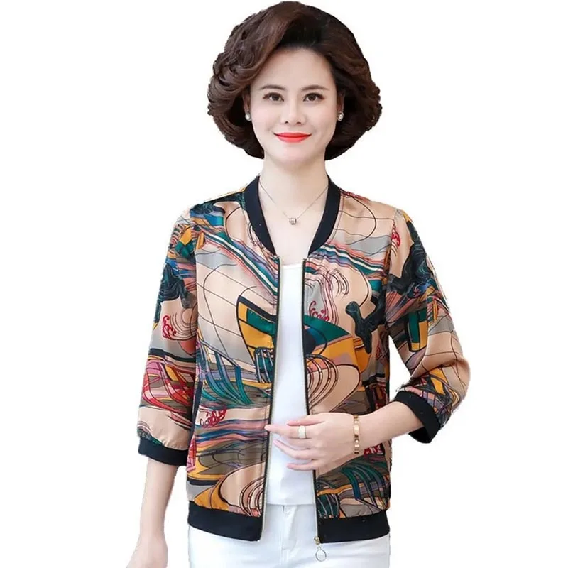 

Spring And Summer Thin Short Coat 2022 New Printing Middle-aged And Elderly Women's Cardigan Nine-point Sleeve Sunscreen Top6XL