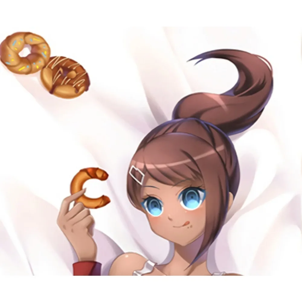 Aoi‑Asahina High Ponytail Brown Hair Bright Blue Eyes Donut Croissant Snack Winking Face Dual‑sided Portrait Print