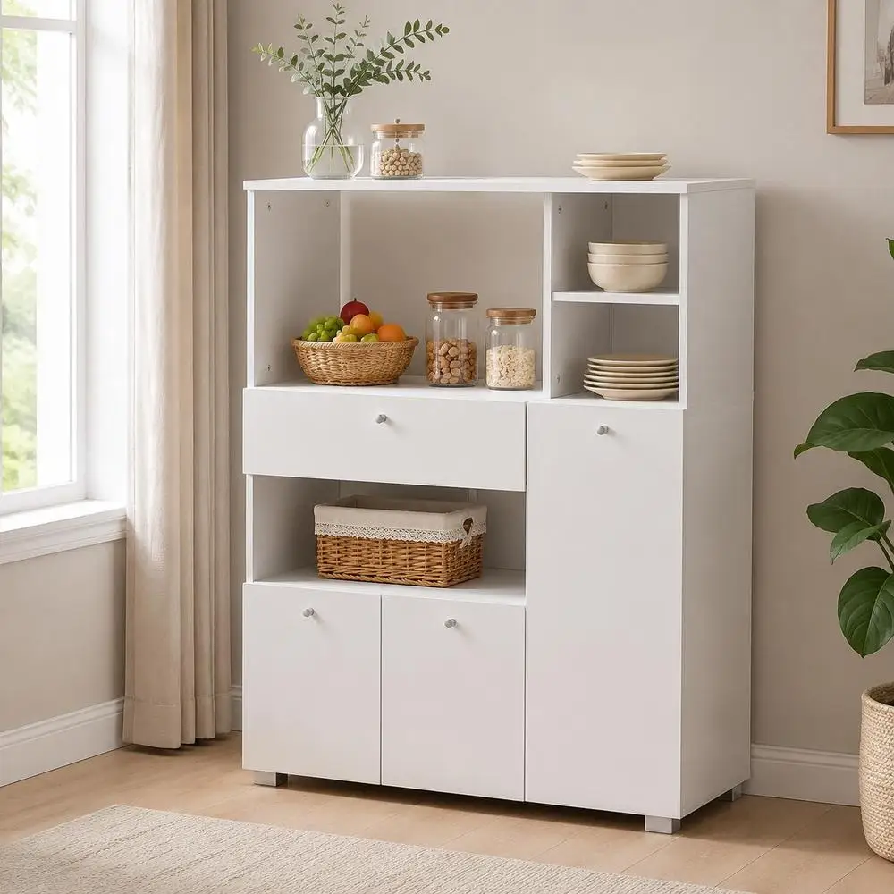 Meuble de cuisine pour micro-ondes, armoire de rangement multi-niveaux, buffet avec placards, niches et tiroir coulissant, en bois blanc, dimensions L x L x H cm