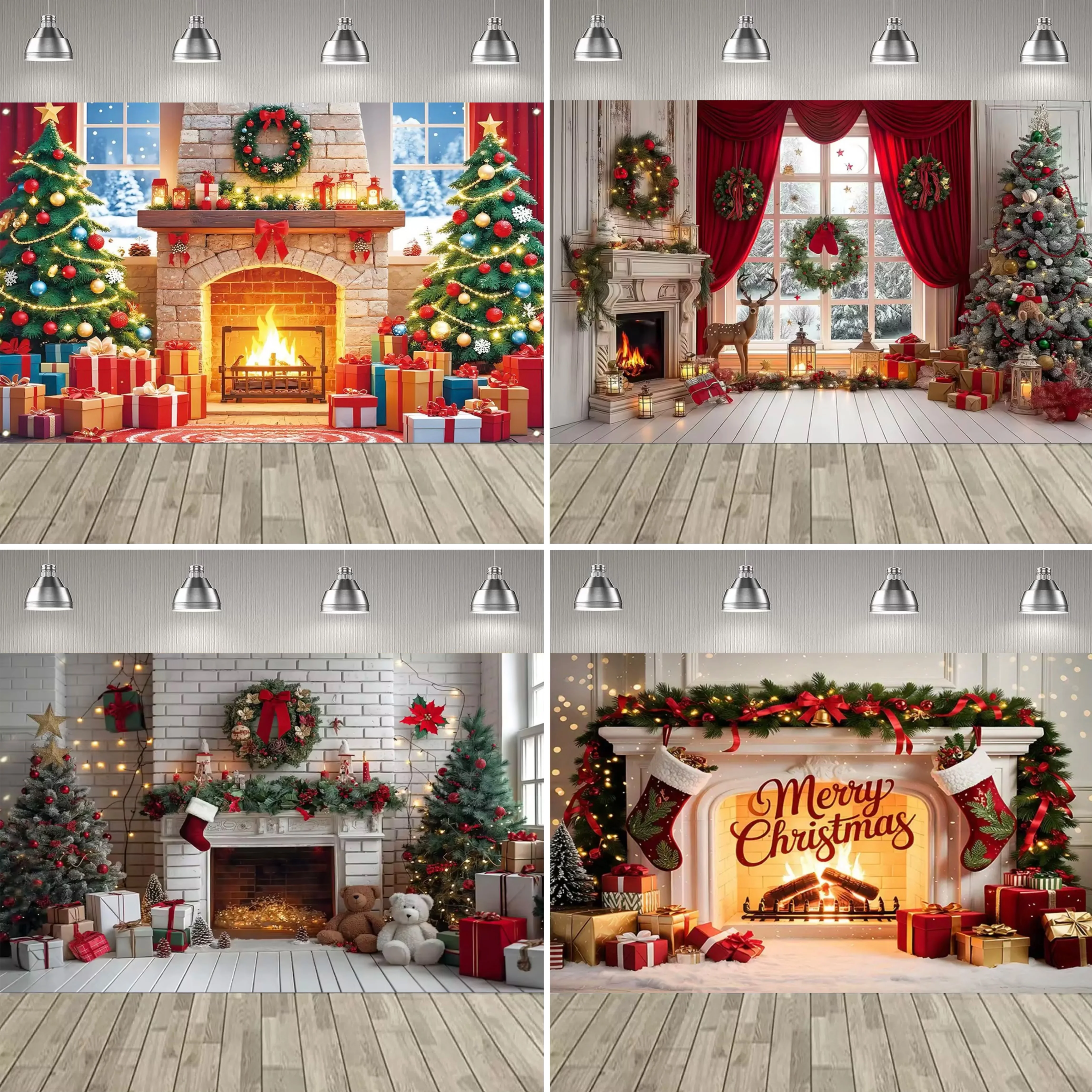 Weihnachten Kamin Party Dekoration Hintergrund Weihnachten sie roten Vorhang Weihnachtsbaum Schnee Fenster Landschaft Banner Geschenk