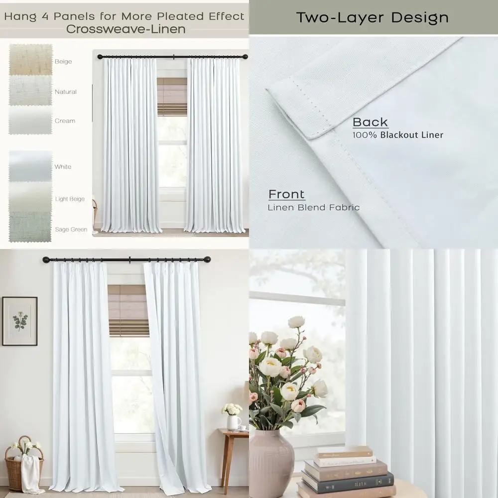 Cortinas blackout de linho com pregas brancas, 42 x 102 polegadas