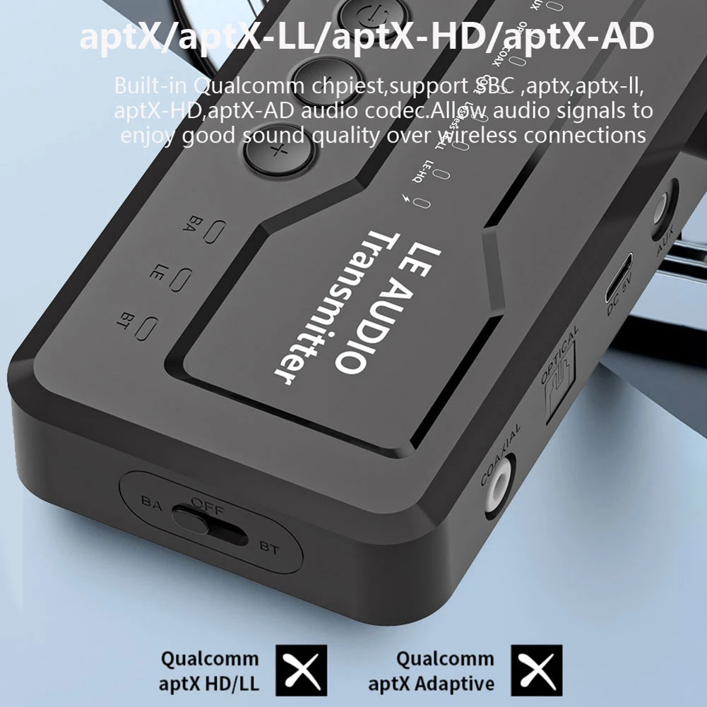 LE Audio Bluetooth 5.3 เครื่องส่งสัญญาณไร้สาย LE อะแดปเตอร์เสียง USB/AUX/Opt/Coax สําหรับเล่นเกมดูเพลง