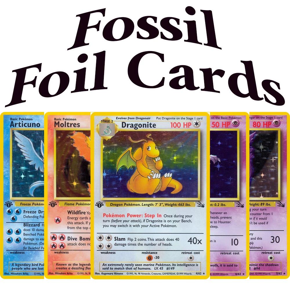 Tarjetas de Juego PKM Fossil FO, Dragonite, Gengar, Moltres, Articuno, Haunter, Raichu, Hitmonlee, Ditto, Aerodactyl, Kabutops, Hypno, Zapdos