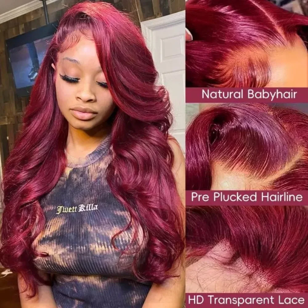 99J Bordeaux Kant Frontale Pruik 13x6 Body Wave Kanten Voorkant Pruik HD Transparant Kant Frontale Pruik Menselijk Haar Pre Geplukt 99j Rode Kleur