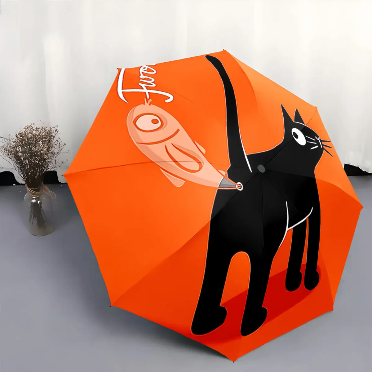 Creative Black Cat and Fish Illustration on Orange Background portable waterproof sun rain umbrella for outdoor travel beach