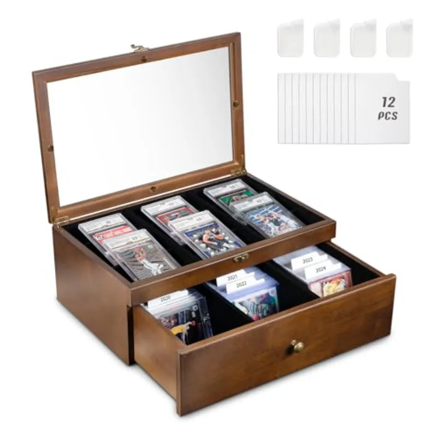 

Trading Card Storage Box 70+ Graded Card Storage Box with Custom Drawer Wood Storage Display Case with Large Clear Window Sport