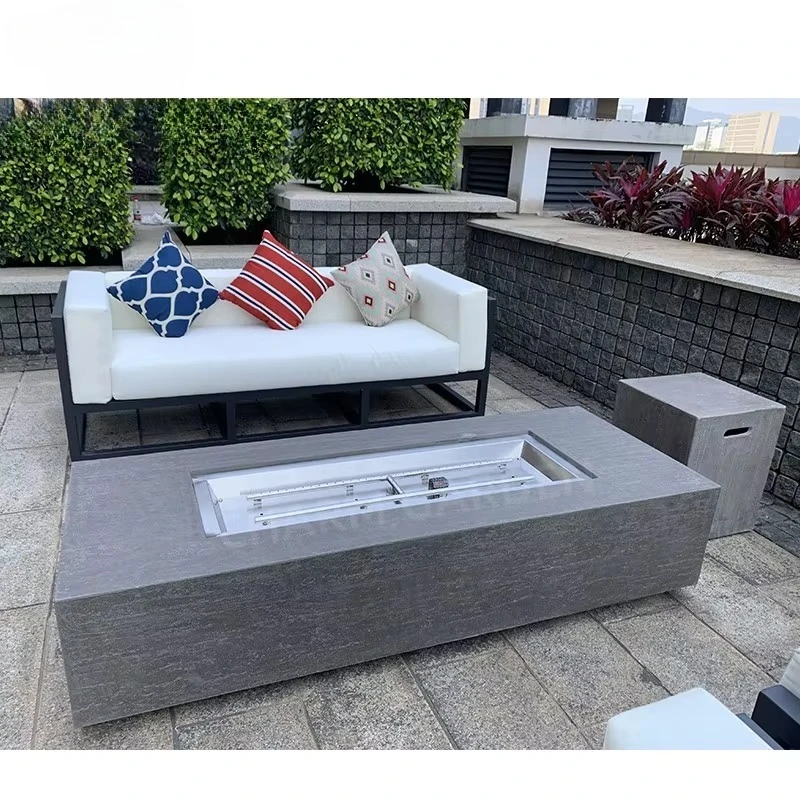 Outdoor large rectangular concrete gas fireplace table H-burner system with stainless steel 304 and garden glass