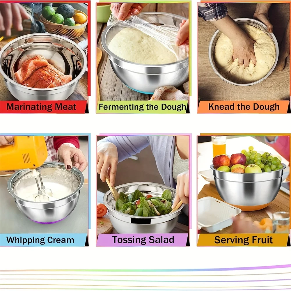 Set mangkuk masak baja tahan karat berwarna dengan tutup multifungsi untuk menjaga kesegaran