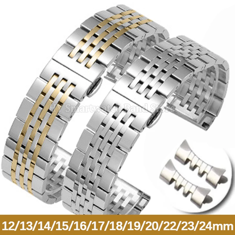 12/13/14/15/16/17/18/19/20/22/23/24mm Solid Stainless Steel Watch Strap for Seiko for Huawei for Longines Folding Clasp Bracelet