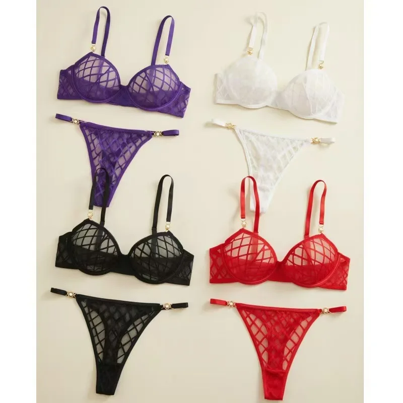 Pure Desire Women's Sexy Mesh Lingerie Set with Metal Rhinestone Decor Adjustable Strap Bra And Panty Set for Intimate Wear
