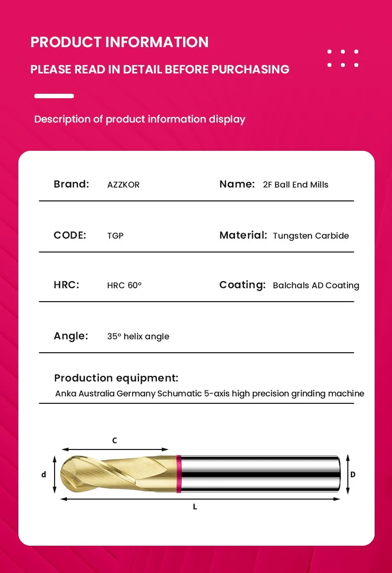 AZZKOR TGP-HRC70 2F Schaftfräser mit Farbring, Balchals AD-Beschichtung, Wolframstahl-Hartmetall-Kugelfräser für CNC-Maschinen – Detail 16