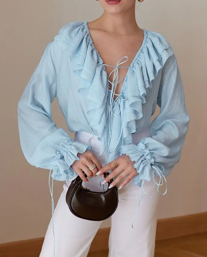 2025 Elegant Sex T-Shirts Pullover Tops Lace Up Plunge V Neck Ruffle Blouse Casual Drawstring Long Sleeve Top