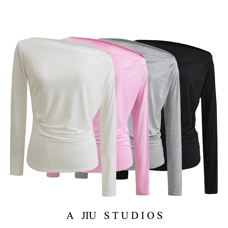 Retro Loose Pleated One oulder Long Sve T-irt Women's Design Sensation Elegance Waist Slimming Sexy Girl oulder Expo...