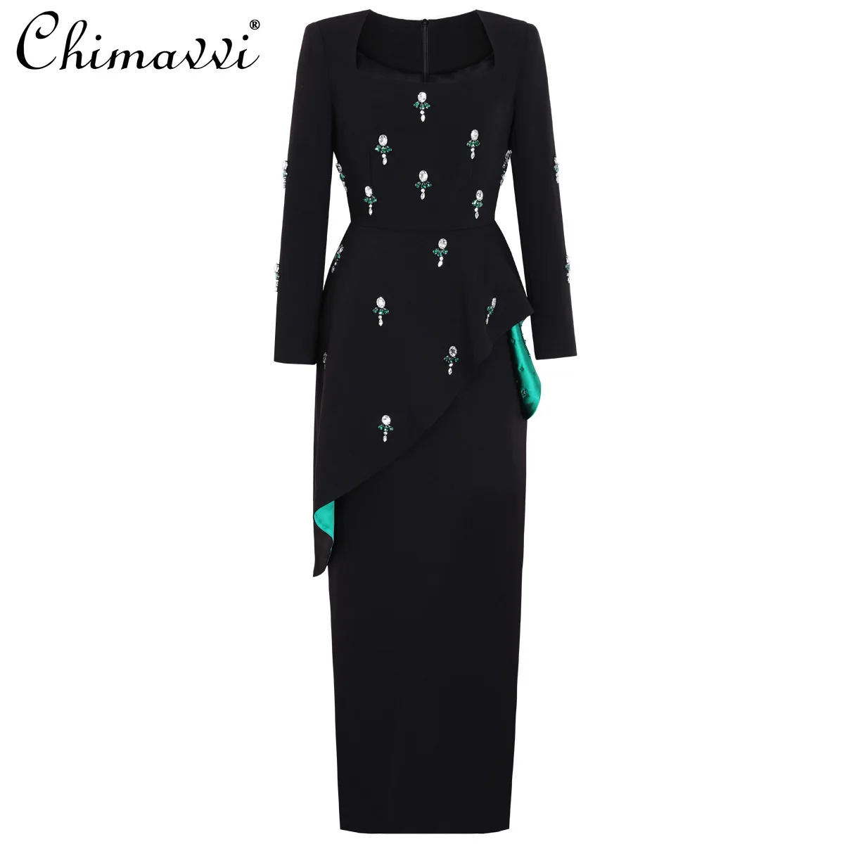 

New Spring and Autumn Fashion Square Neck Slimming Heavy Rhinestone Long Dress High-End Women's Long-Sleeve Party Gown Dress