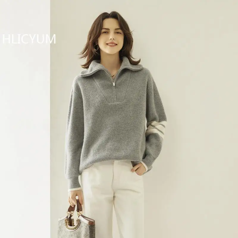 Autumn Winter Cashmere Sweater Women Knitwear Long Pullover Thick Spliced Plus Size POLO Collar Wool Tops Zipper Loose Jumper