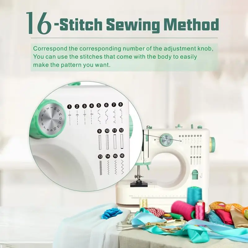 16-stitch sewing machine, portable double-thread twin-needle sewing machine, adjustable speed, foot pedal and quick spool placem
