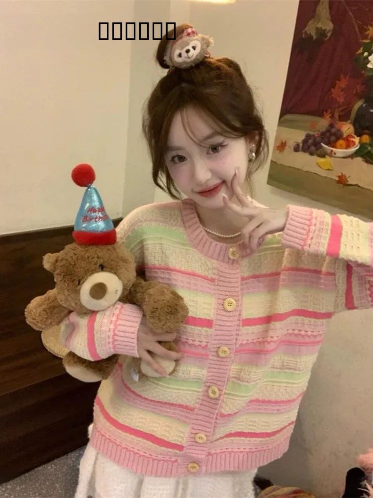 Rosa gestreifter Strickpullover Jaet Damen Frühherbst High-End Kleine weiche Lazy Open Cardigan Top Pendeln Slim Fit Long Sve