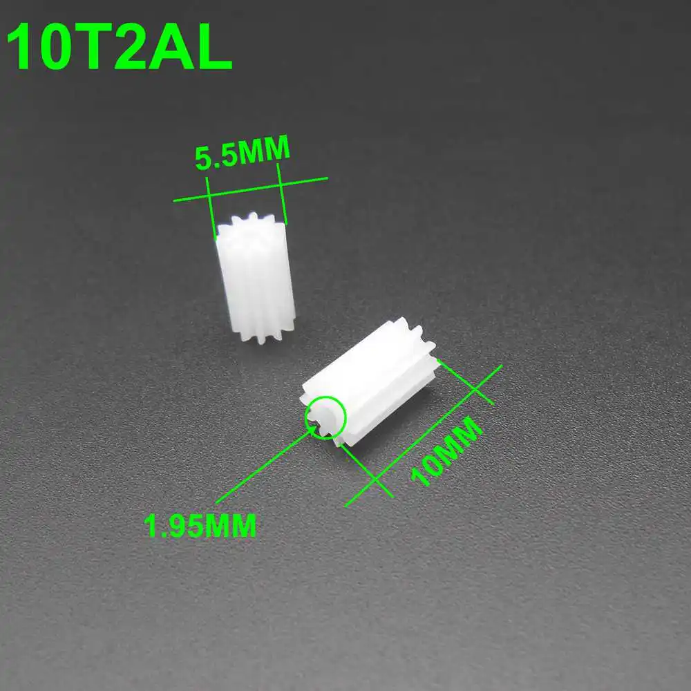 100Pcs/Lot 0.5M 10 Teeth 2A  Plastic Extended Lengthen Spur Gear 0.5 Modulus Bore Hole Aperture 2MM 1.95MM 10T Lenght 10MM White