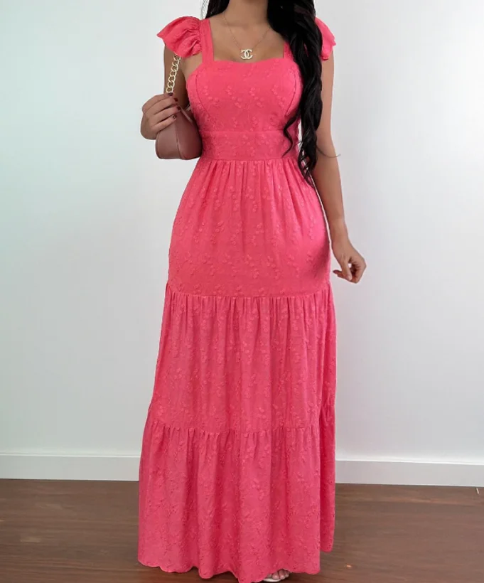 

Square Neck Wide Shoulder Strap Long Skirt with Backless Pleated Edge Dress, Elegant Summer Waist Cinched Suspender Dress