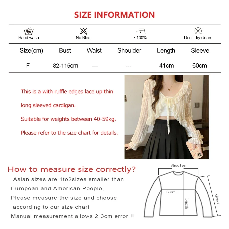 Women Sweet Ruffle Edge Long Sleeved Sunscreen Cardigan Hollow Out Lace up V-neck Short Coat Solid Thin Loose Casual Knit Shawl