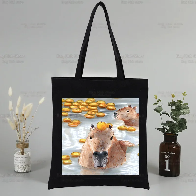 Cute Capybara Cartoon Kawaii Handbags Cloth Canvas Tote Bag Shopping Travel Women Reusable Shoulder Shopper Bags Bolsas De Tela