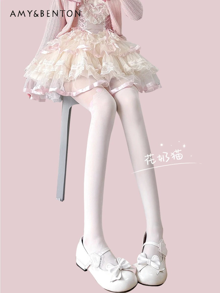 Lolita Stockings Vintage Embroidery Stitching Stockings Spring Summer New Thin White Pantyhose Sexy White JK Knee High Socks