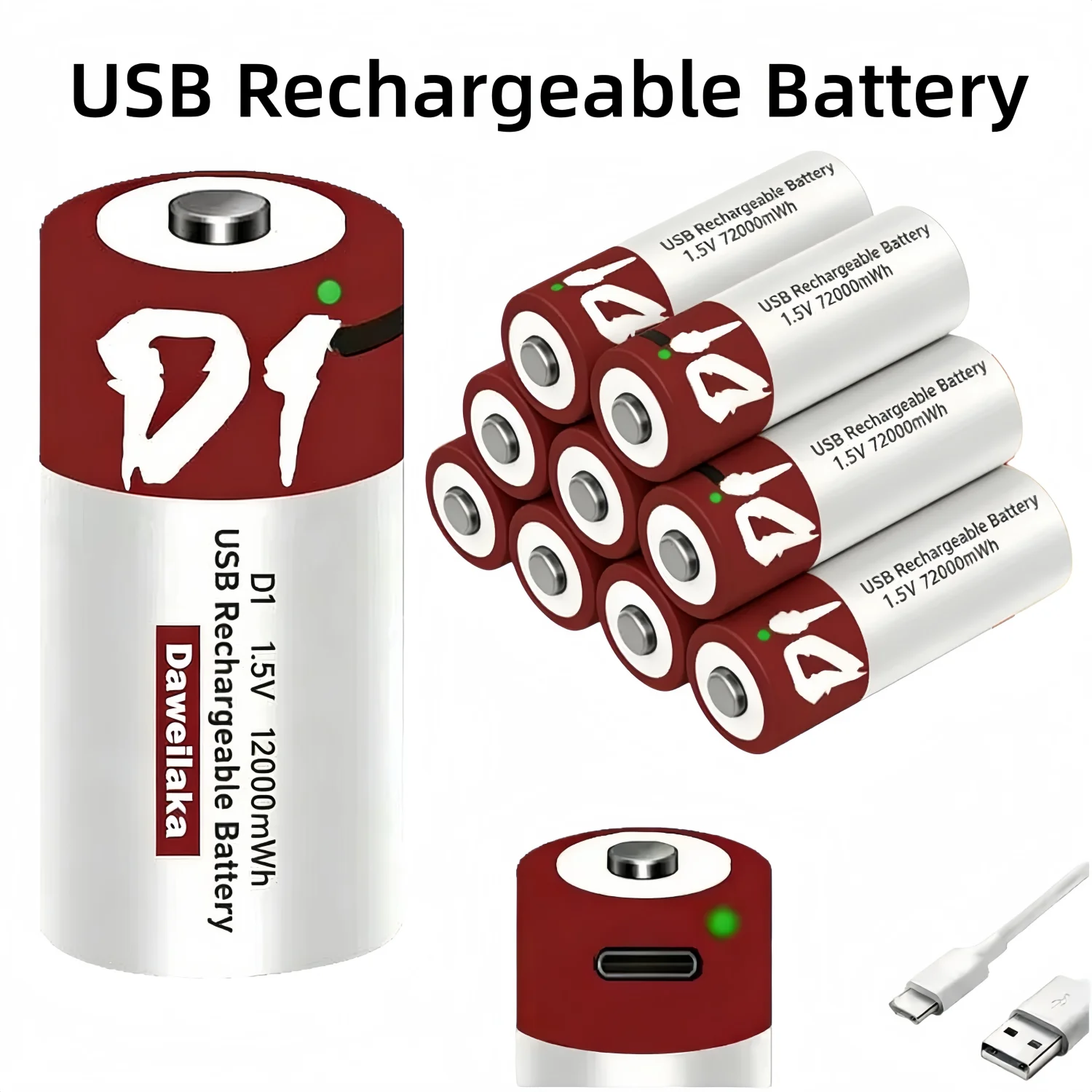 1.5V 12000mWh Usb D1 Batteries 1-20 Pcs LR20 Rechargeable  Lithium Battery With Type-C Cable for Flashlights DIY Electronics