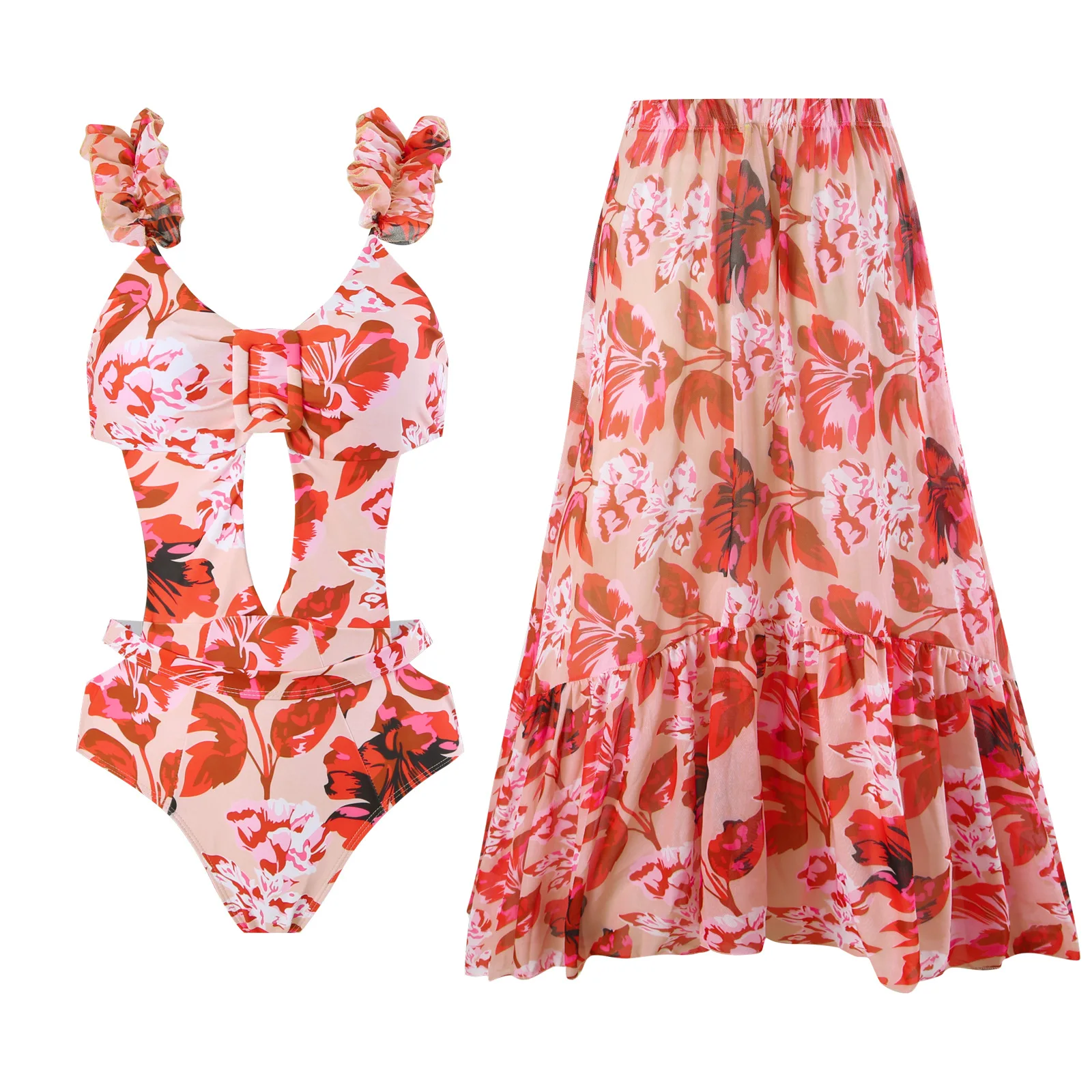 2026 Floral Print Shoulder Ruffle One Piece Swimsuit With Cover Up Women Swimwear Sexy Swim Suit Monokini Bodysuit Bathing Suit
