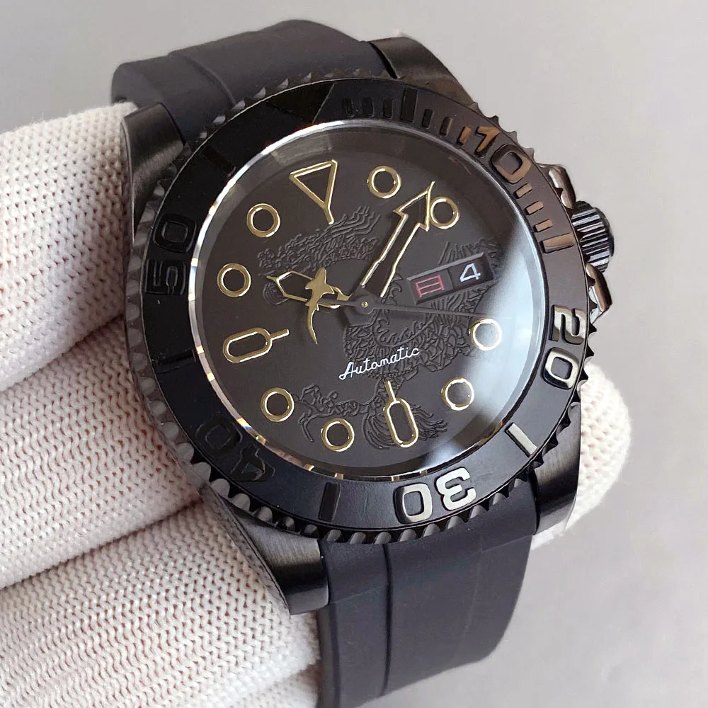 Черные часы для дайвинга Tandorio с PVD-покрытием, 40 мм, сапфировое стекло, NH36, автоматический механизм, 200 м, водонепроницаемый резиновый ремешок с датой и неделей