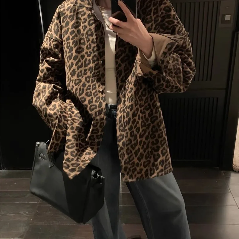 QWEEK Leopard Vintage Shirts Gyaru Oversized Streetwear Stylish Women's Blouse American Retro Long Sleeve Outerwears Autumn