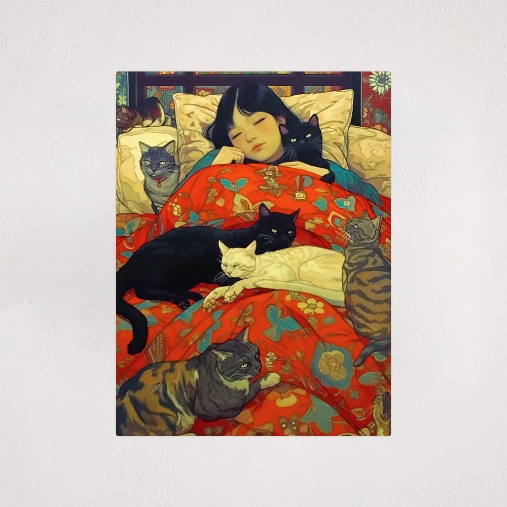 1pc,The little girl was sleeping on the bed, and several kittens were lying beside her, Modern Canvas ,  Framed, 12x16inch