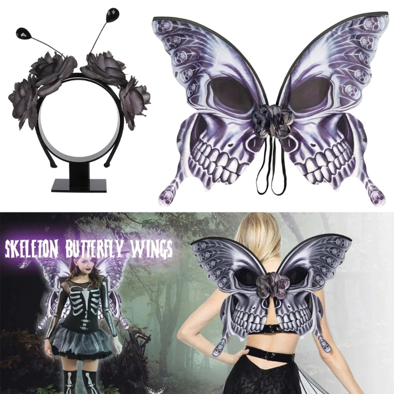 

Girls RolePlay Butterflies Costume Skeleton Wings Butterfly-Wings with Headband N7YF